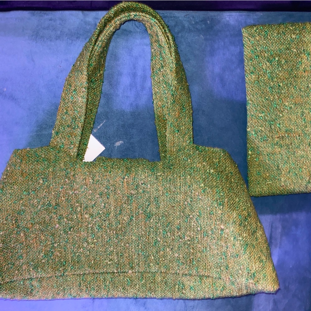 Tweed Green Handbag With Matching Clutch New Old Stock Of Vintage Materials - Picture 7 of 7